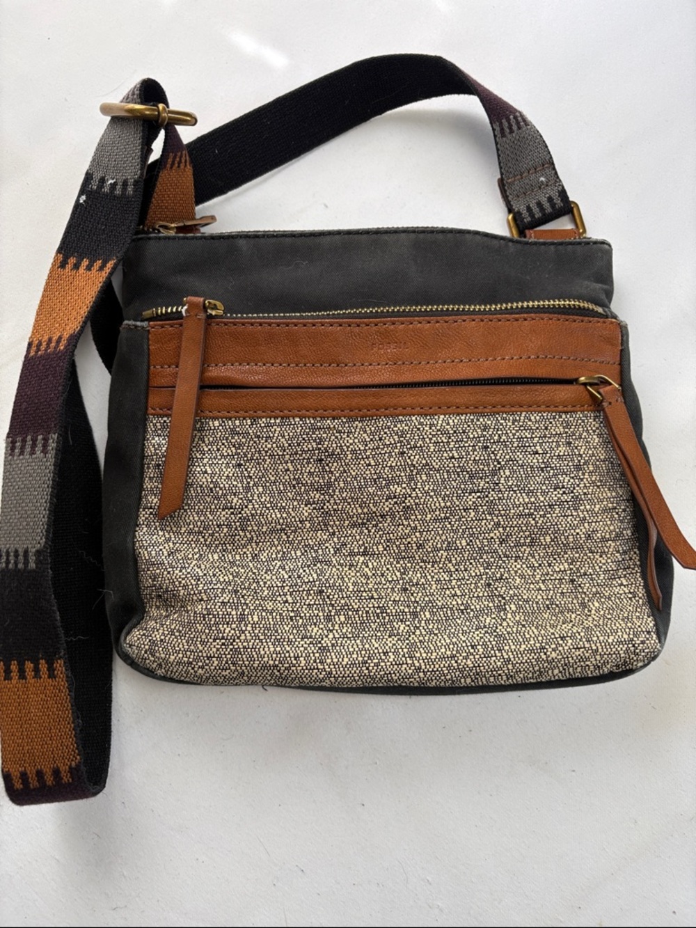Fossil Black/Cream Canvas and Leather Crossbody